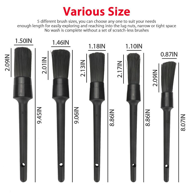 Size chart for all five brushes, 0.87 to 1.50 inch bristle widths