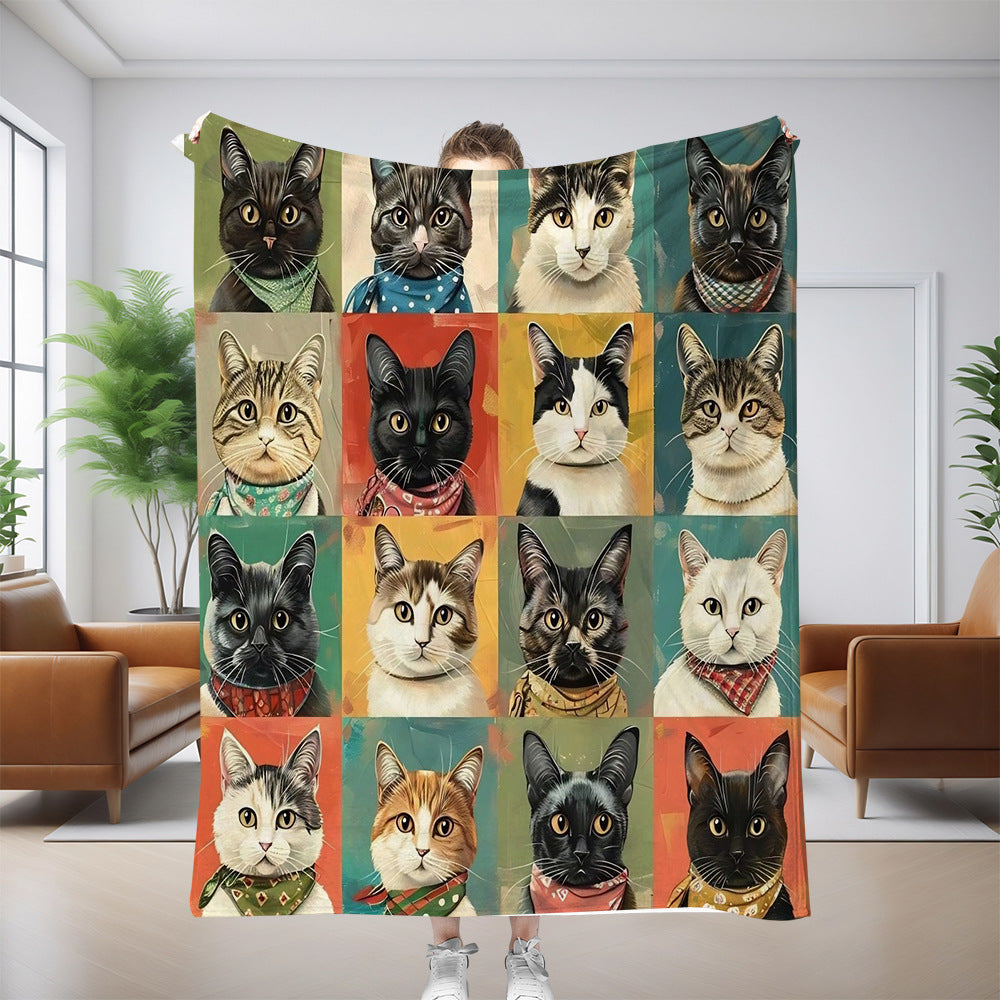 Bandana Cats print flannel throw blanket with a grid of cat portraits on colour blocks