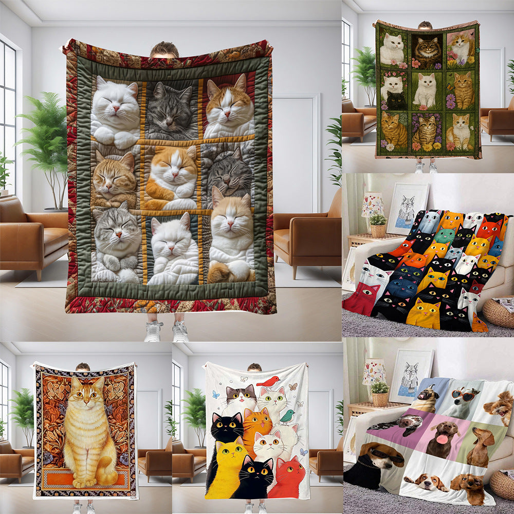 Six cat print flannel throw blankets shown together in a living room