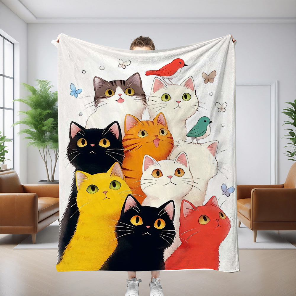 Garden Party print flannel throw blanket with illustrated cats, birds and butterflies on white