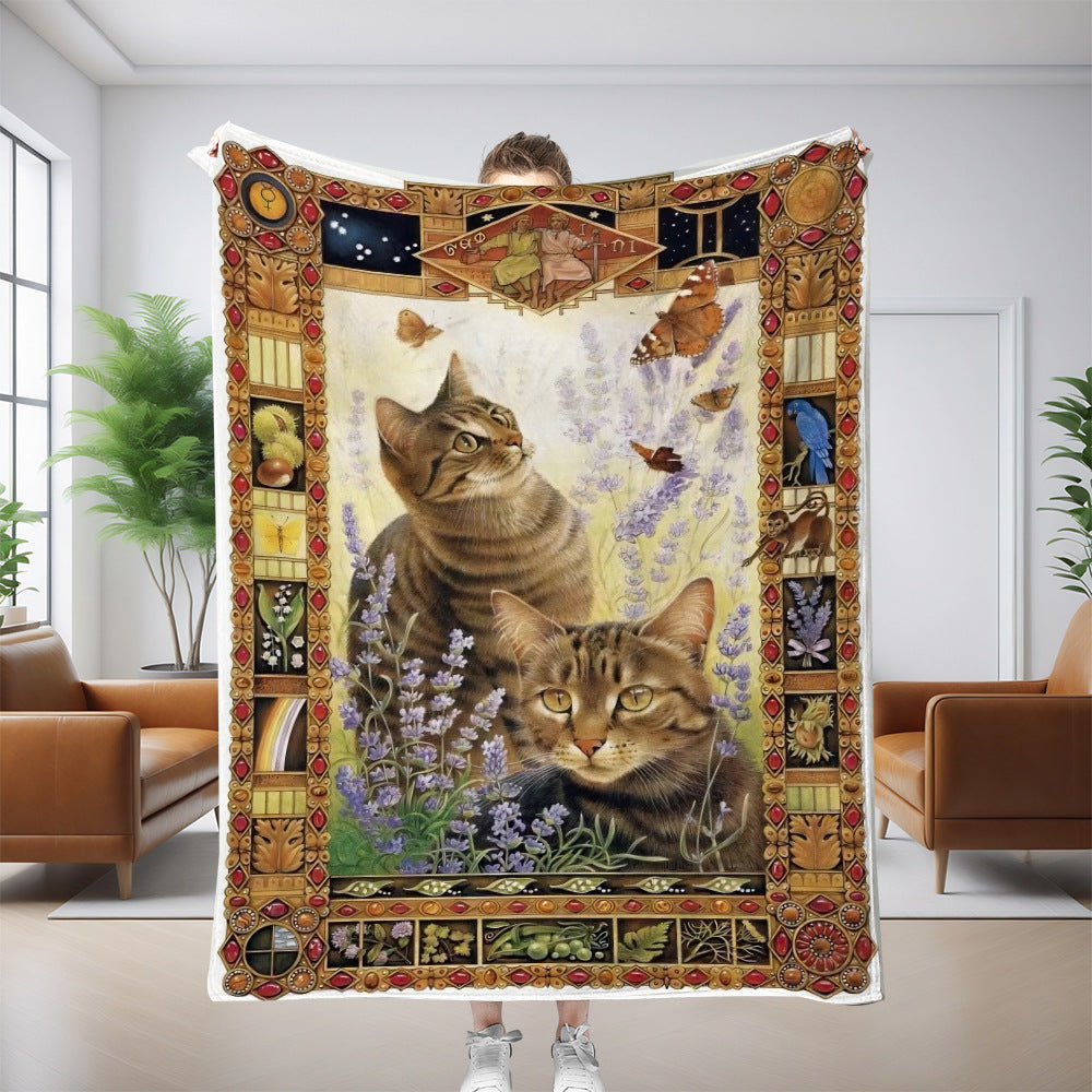 Gilded Tabby print flannel throw blanket with two tabby cats inside an ornate gold border
