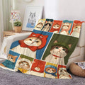 Cats in Hats print flannel throw blanket in teal, red and olive patchwork panels
