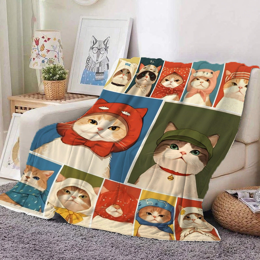 Cats in Hats print flannel throw blanket in teal, red and olive patchwork panels