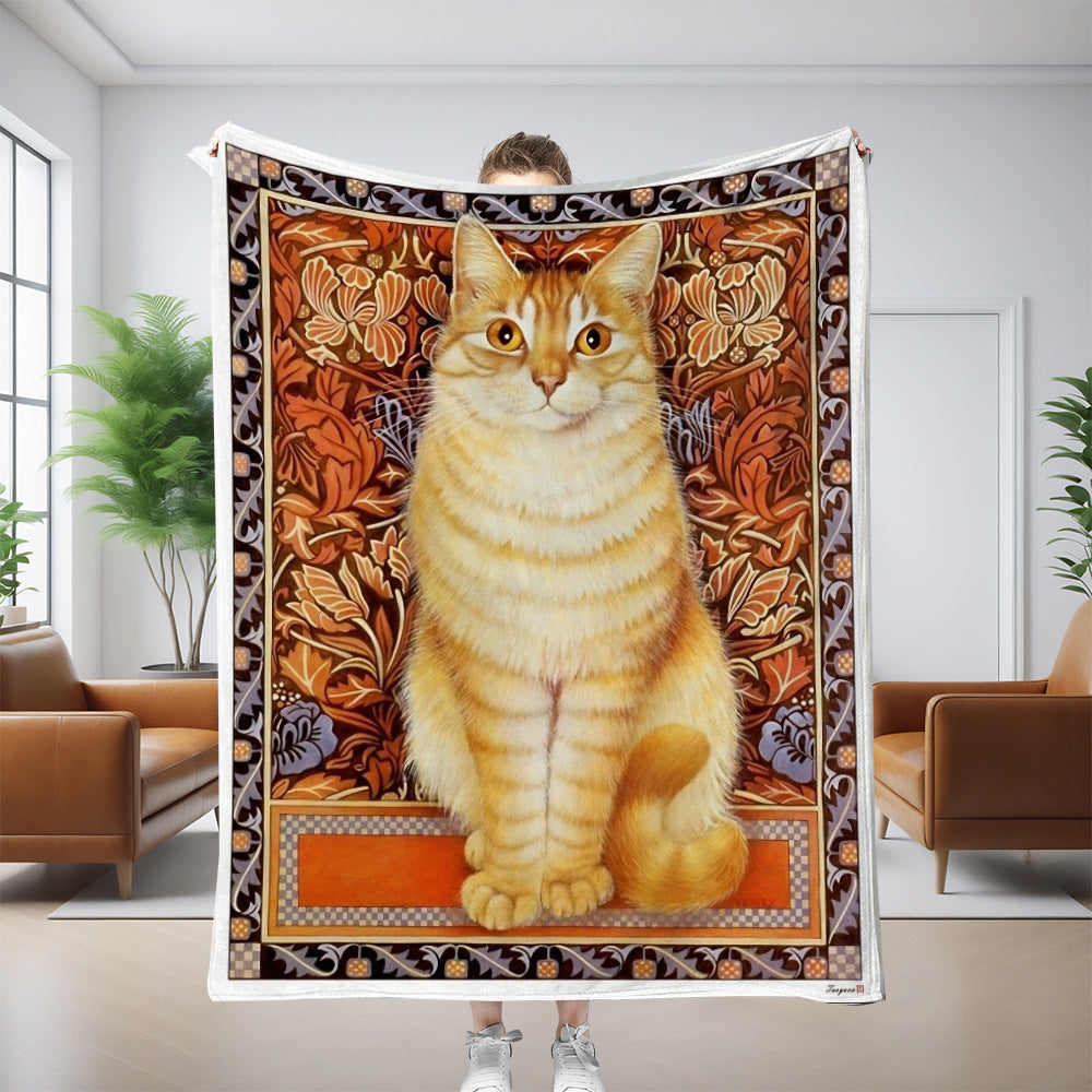 Vintage Wallpaper print flannel throw blanket with an orange tabby on a floral background