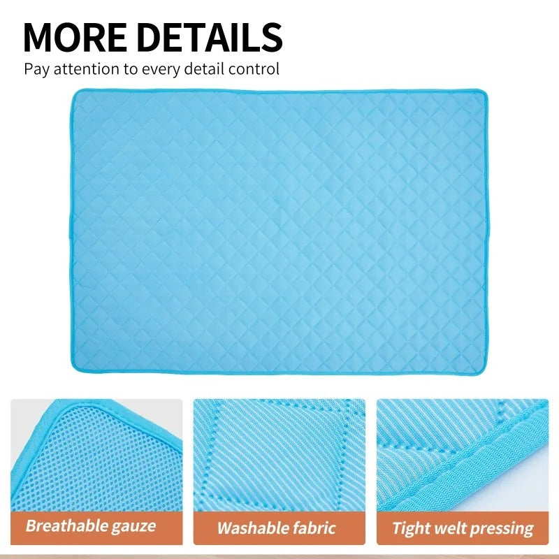 Close-up details of the cooling mat: breathable gauze backing, washable quilted fabric, and stitched welt edging