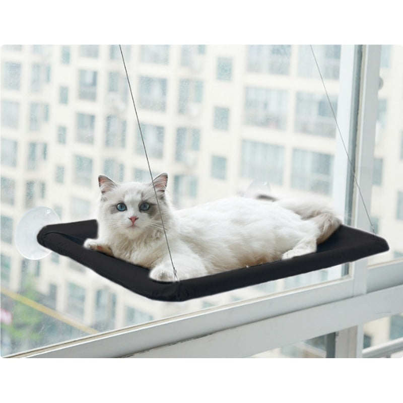 Black suction cup cat window hammock mounted on apartment glass with a white cat resting on it