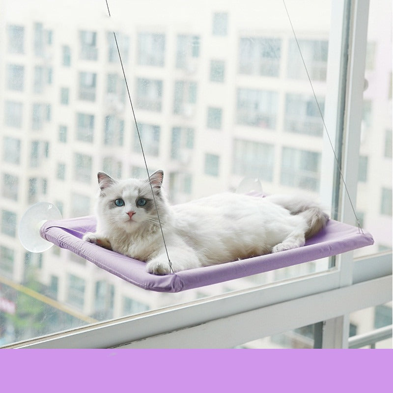 Purple suction cup cat window hammock mounted on apartment glass with a white cat resting on it