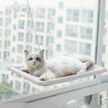 Silver grey suction cup cat window hammock mounted on apartment glass with a white cat resting on it